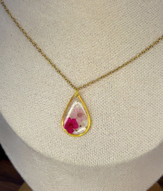 Pink Teardrop Necklace - Plum Blossoms & Queen Anne’s Lace