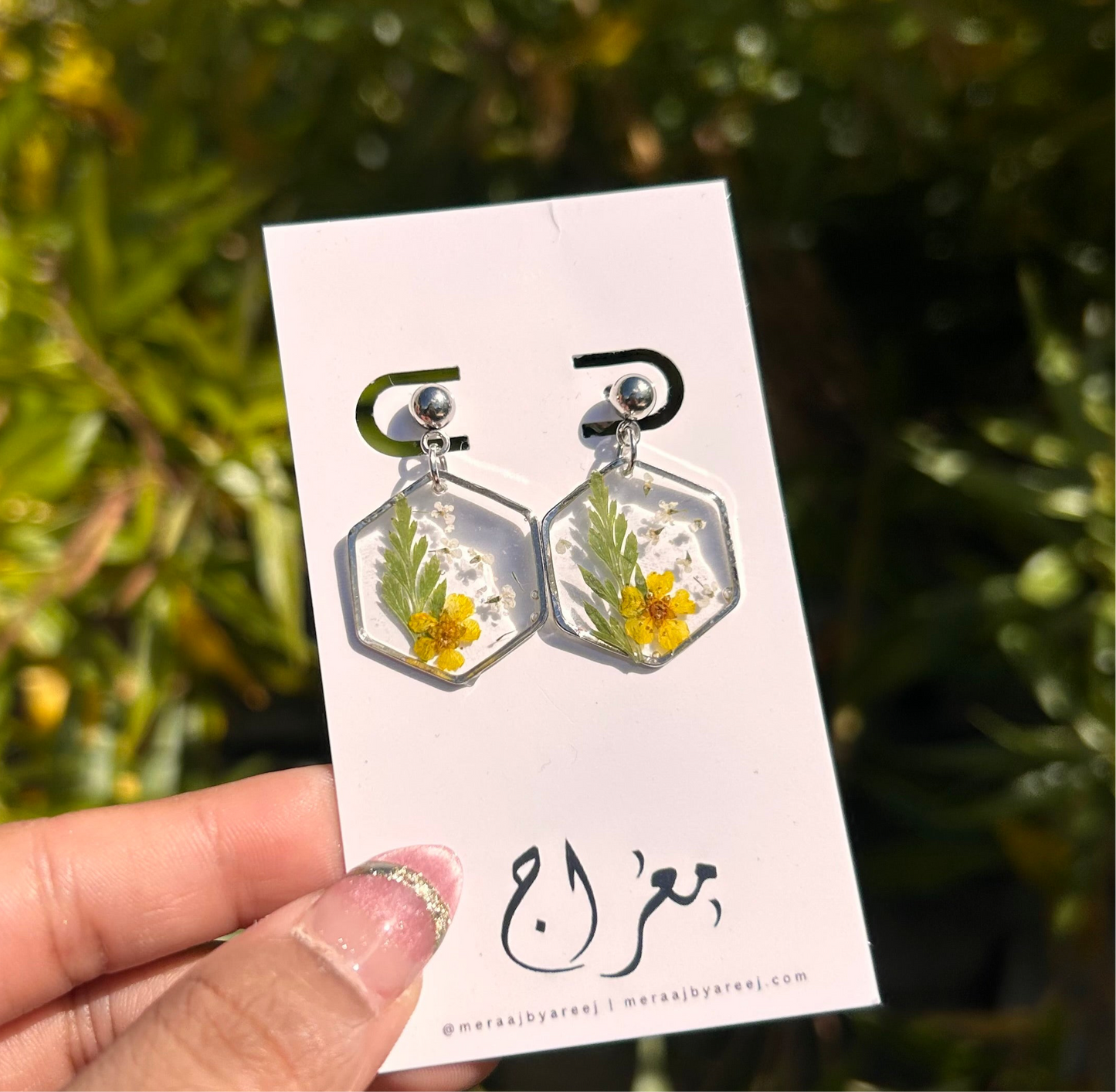 Silver Hexagon Ball studs - Yellow plum blossom & queen anne’s lace