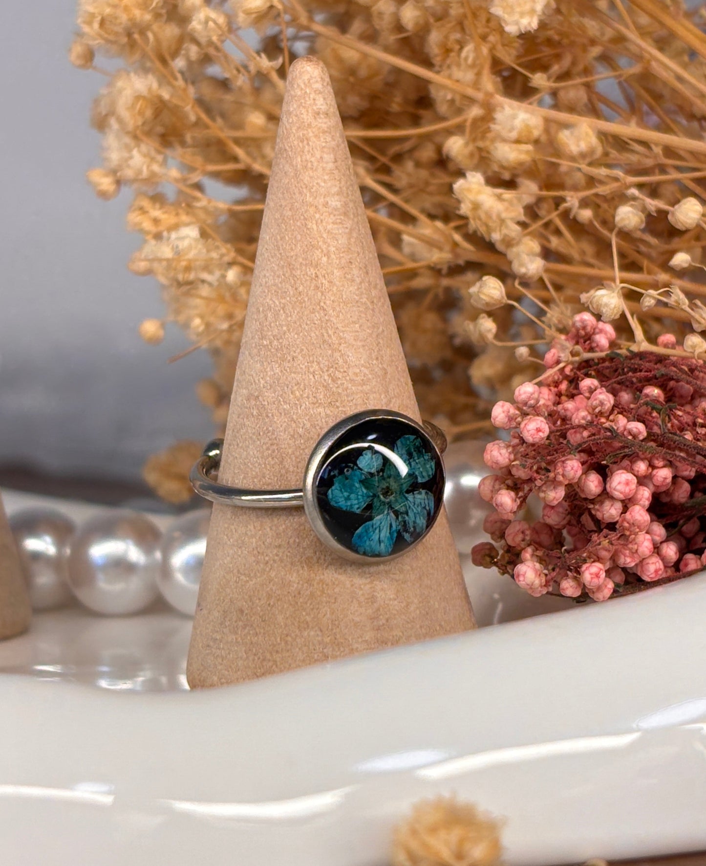 Teal Plum Blossom Ring - Adjustable