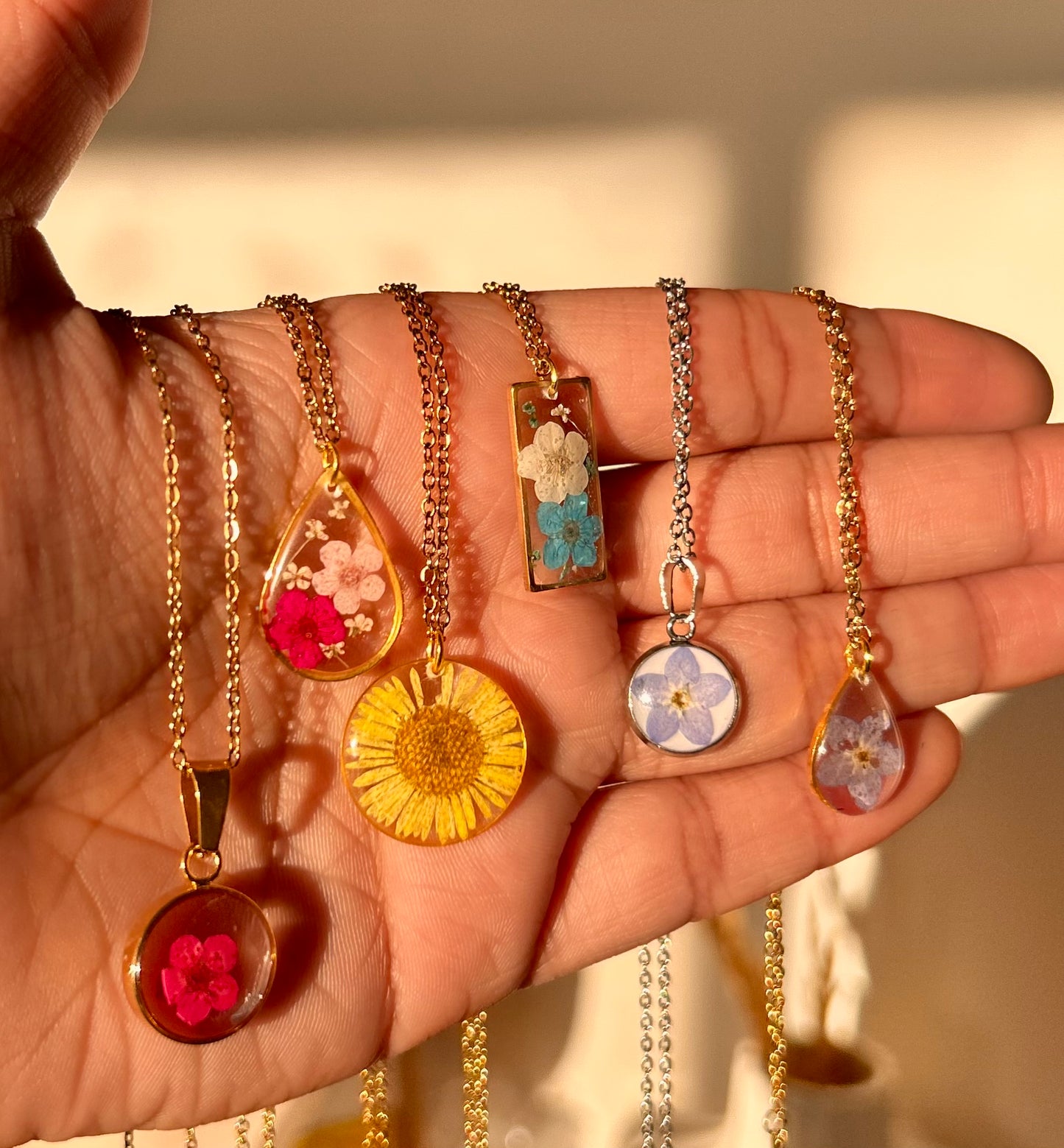 Pink Teardrop Necklace - Plum Blossoms & Queen Anne’s Lace