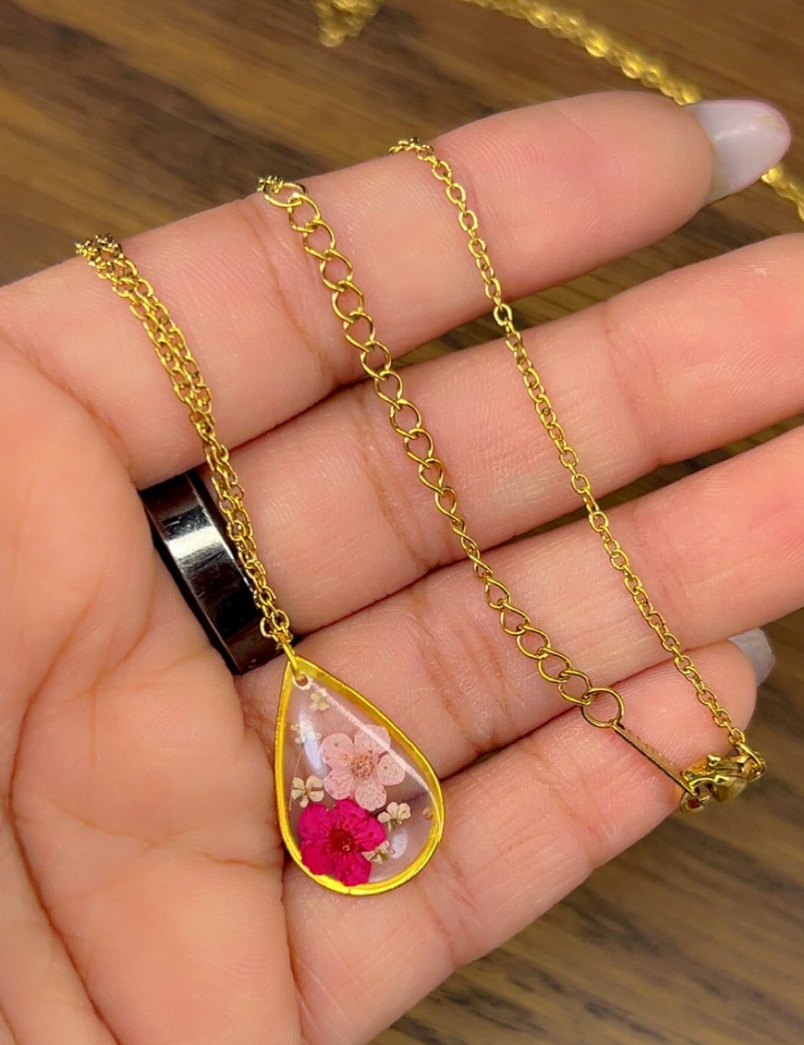 Pink Teardrop Necklace - Plum Blossoms & Queen Anne’s Lace